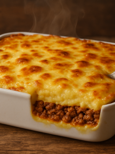 Escondidinho de carne moída com purê de batata cremoso e queijo gratinado em refratário de cerâmica