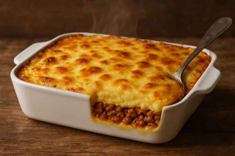 Escondidinho de carne moída com purê de batata cremoso e queijo gratinado em refratário de cerâmica