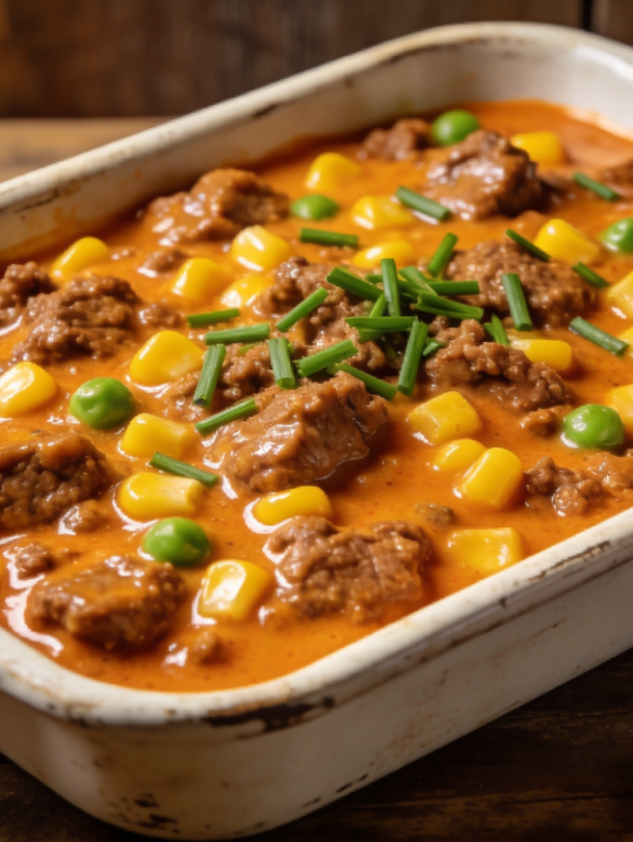 estrogofe de carne moída cremoso com milho, ervilha e cebolinha servido em travessa branca