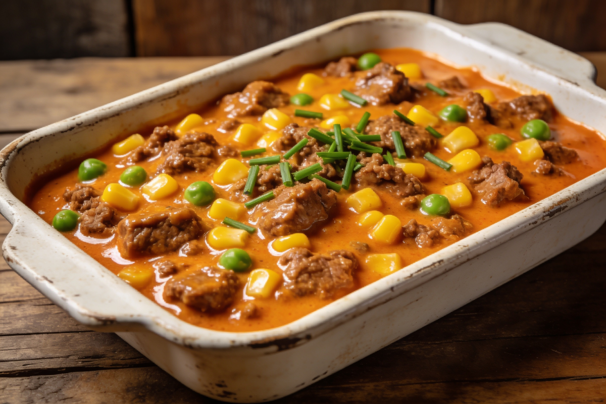 estrogofe de carne moída cremoso com milho, ervilha e cebolinha servido em travessa branca
