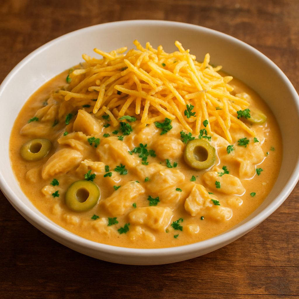 Estrogonofe de bacalhau cremoso com azeitonas e cheiro-verde servido em prato fundo branco
