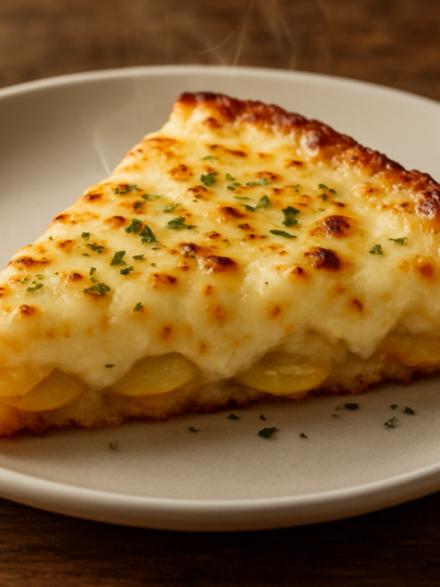 Fatia de falsa pizza de batata com queijo derretido e orégano em prato branco