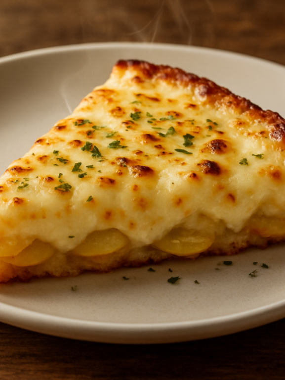 Fatia de falsa pizza de batata com queijo derretido e orégano em prato branco