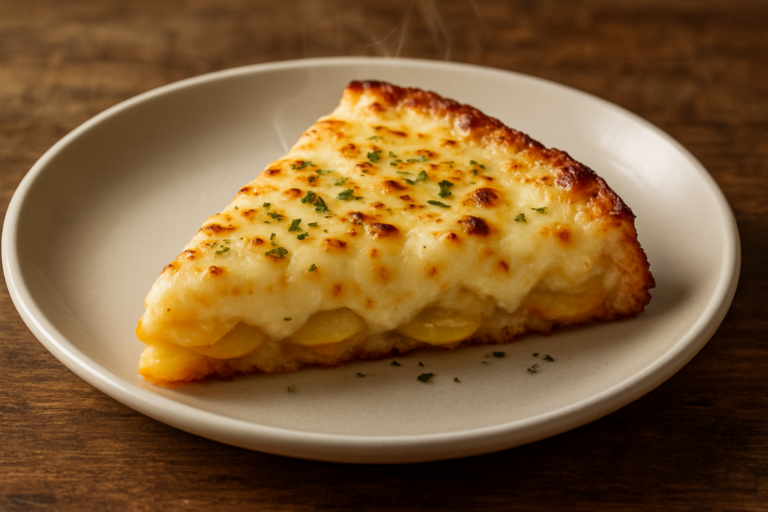 Fatia de falsa pizza de batata com queijo derretido e orégano em prato branco
