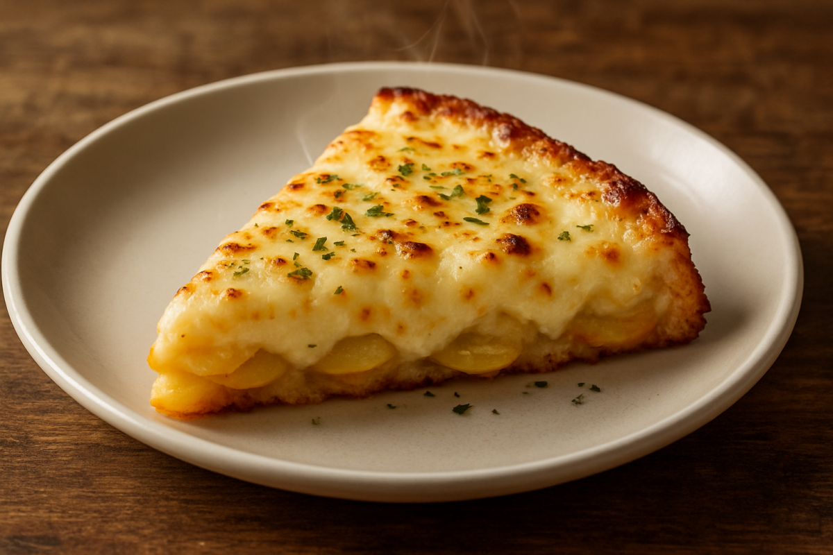 Fatia de falsa pizza de batata com queijo derretido e orégano em prato branco