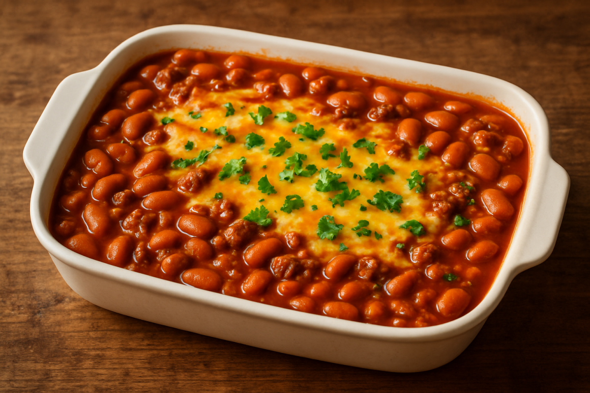 feijão mexicano com carne moída e queijo prato em refratário, receita suculenta e temperada