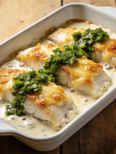 filé de peixe com molho branco cremoso gratinado com queijo em refratário branco