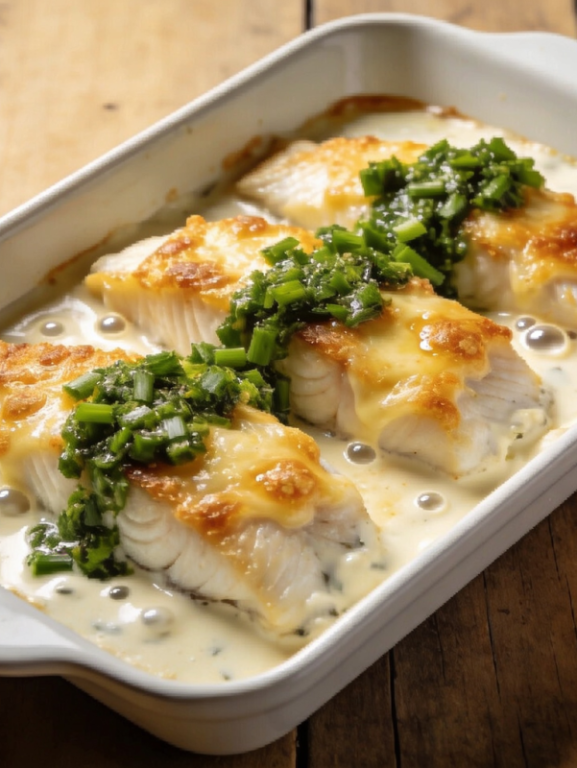 filé de peixe com molho branco cremoso gratinado com queijo em refratário branco