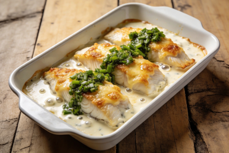 filé de peixe com molho branco cremoso gratinado com queijo em refratário branco