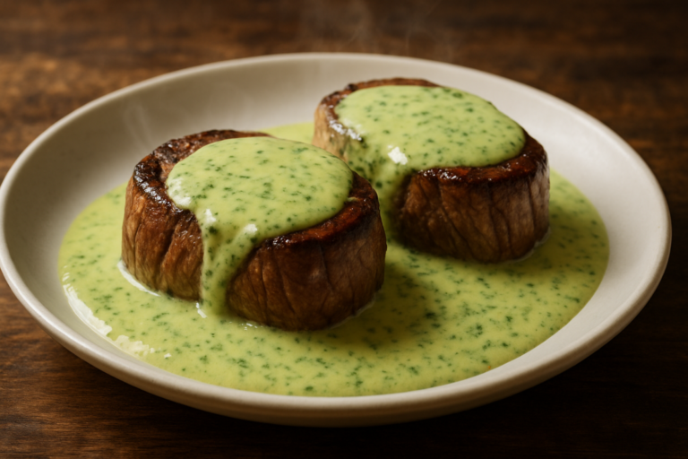 Filé mignon com creme verde de salsinha servido em prato branco com molho aveludado