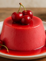 flan de cereja cremoso desmoldado em prato branco decorado com cerejas frescas vermelhas