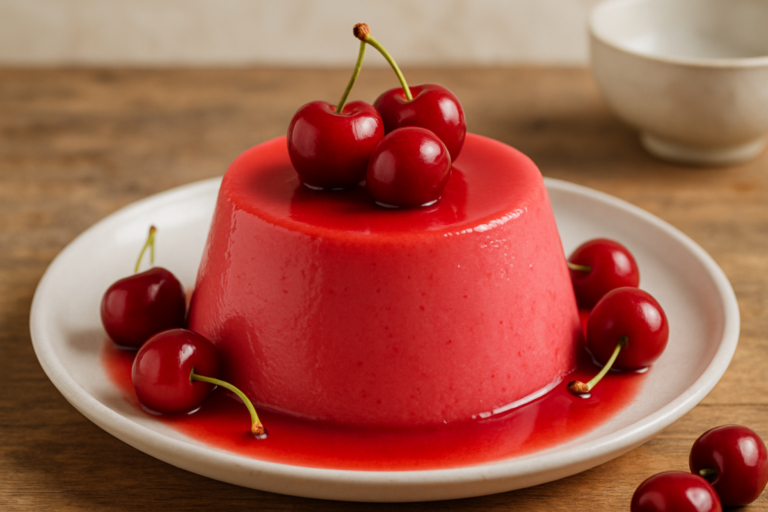 flan de cereja cremoso desmoldado em prato branco decorado com cerejas frescas vermelhas