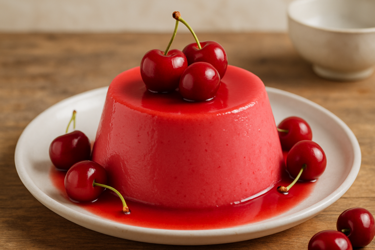 flan de cereja cremoso desmoldado em prato branco decorado com cerejas frescas vermelhas