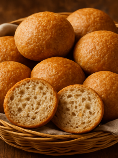 Fofura de Queijo Integral: bolinhos macios e dourados de trigo integral com parmesão em cesta de palha