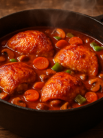 frango à caçadora suculento em caçarola com molho de tomate, vinho tinto e cogumelos