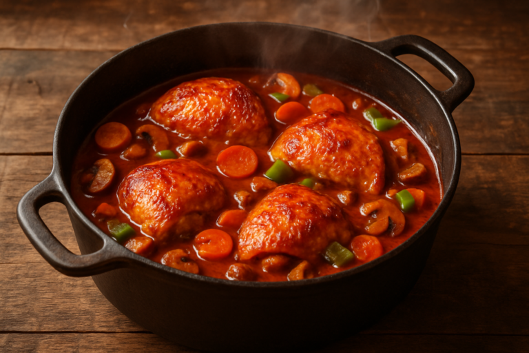frango à caçadora suculento em caçarola com molho de tomate, vinho tinto e cogumelos