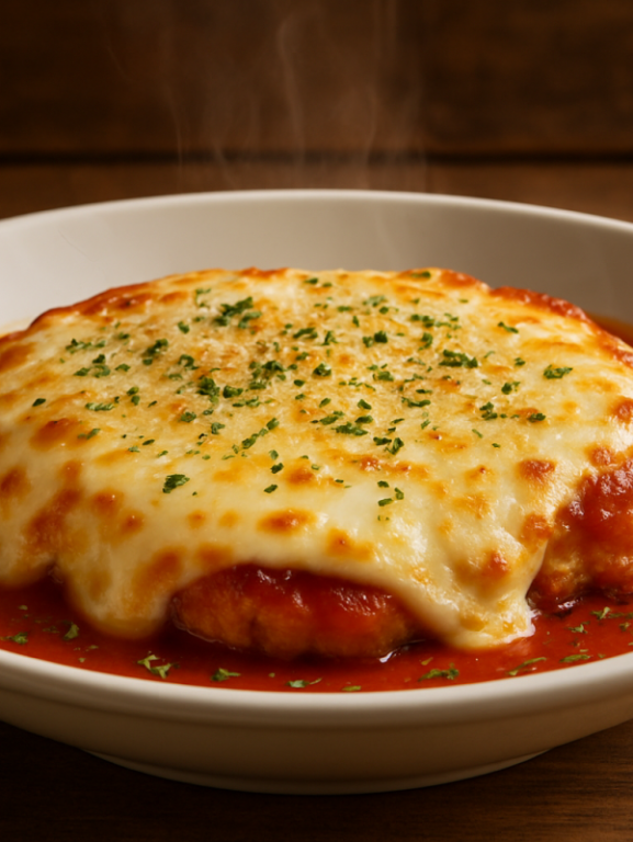 Frango à La Parmegiana suculento com queijo derretido e molho de tomate em prato branco