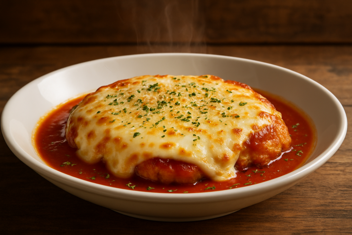 Frango à La Parmegiana suculento com queijo derretido e molho de tomate em prato branco