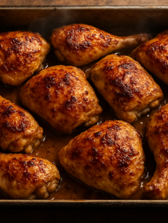 frango ao creme de cebola assado dourado em assadeira, casca crocante e suculenta