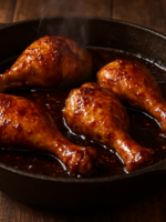 frango bêbado suculento com molho de cerveja preta em panela de ferro