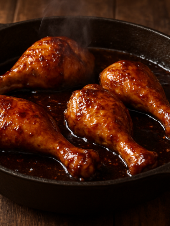 frango bêbado suculento com molho de cerveja preta em panela de ferro