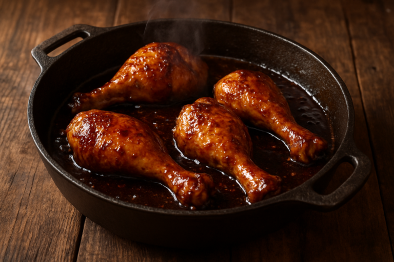 frango bêbado suculento com molho de cerveja preta em panela de ferro