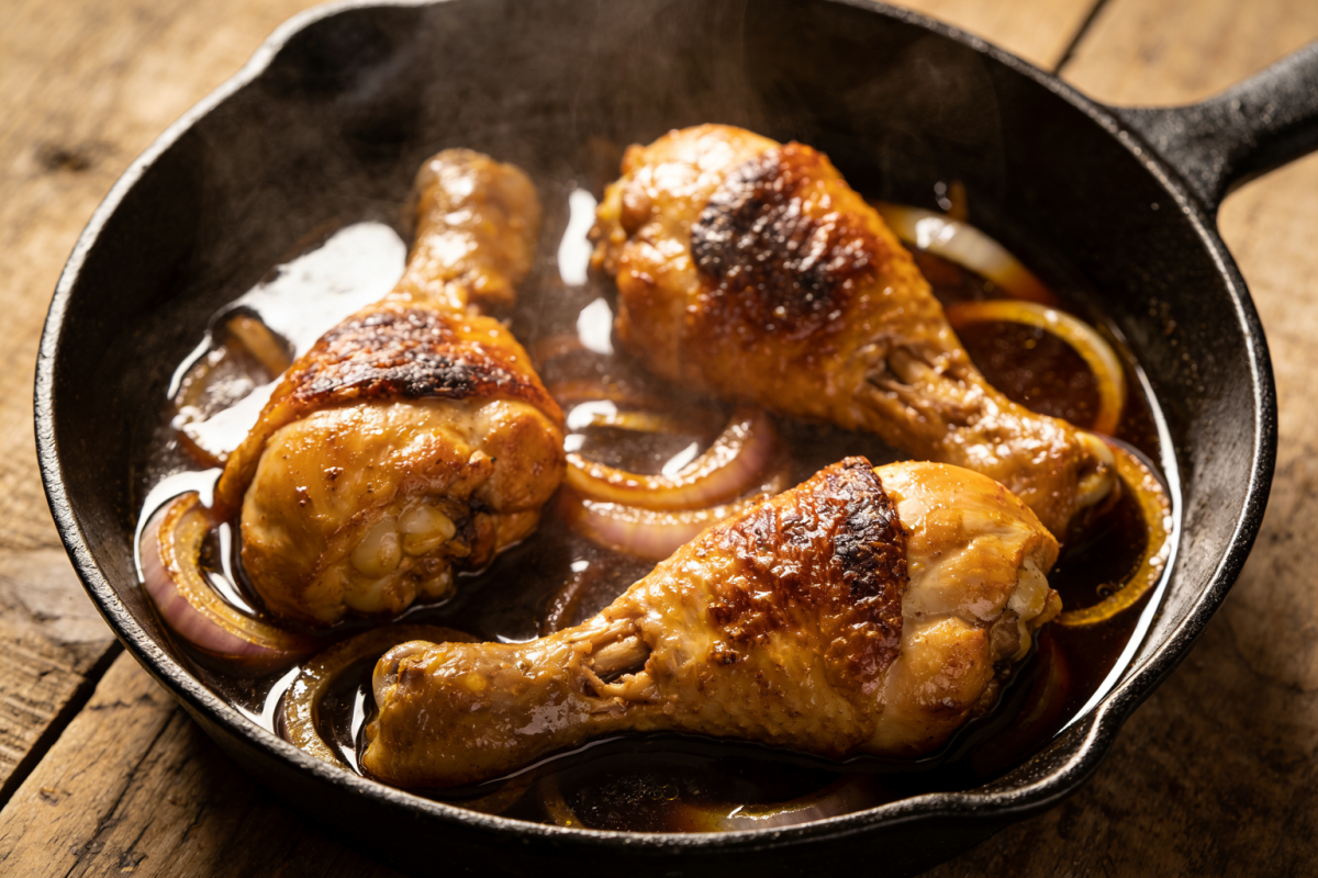 frango com cebola queimada em panela de ferro com caldo escuro e pedaços suculentos de coxa e sobrecoxa