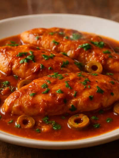 Frango com molho de azeitonas suculento servido em prato fundo branco com salsinha fresca
