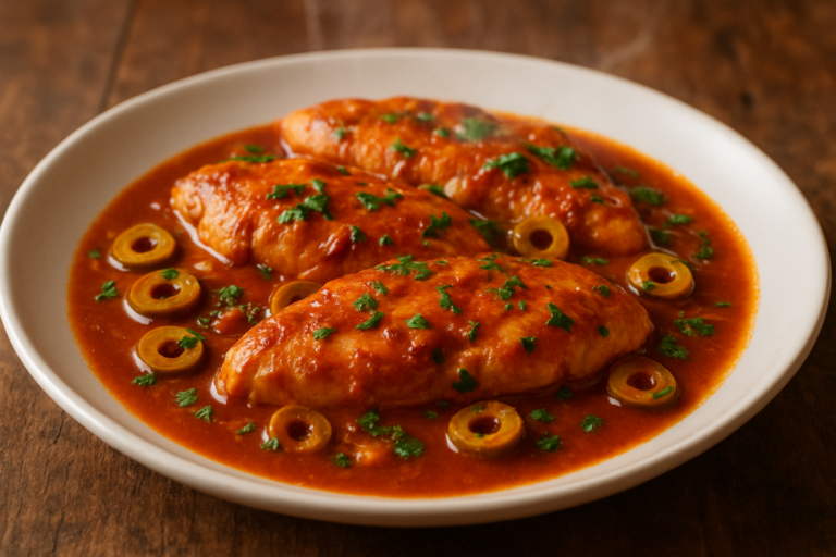 Frango com molho de azeitonas suculento servido em prato fundo branco com salsinha fresca