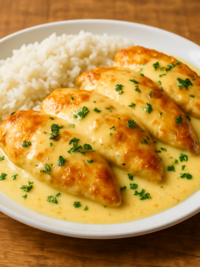 Frango com molho de iogurte especial cremoso em prato branco com salsinha picada
