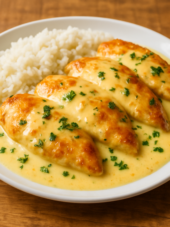 Frango com molho de iogurte especial cremoso em prato branco com salsinha picada