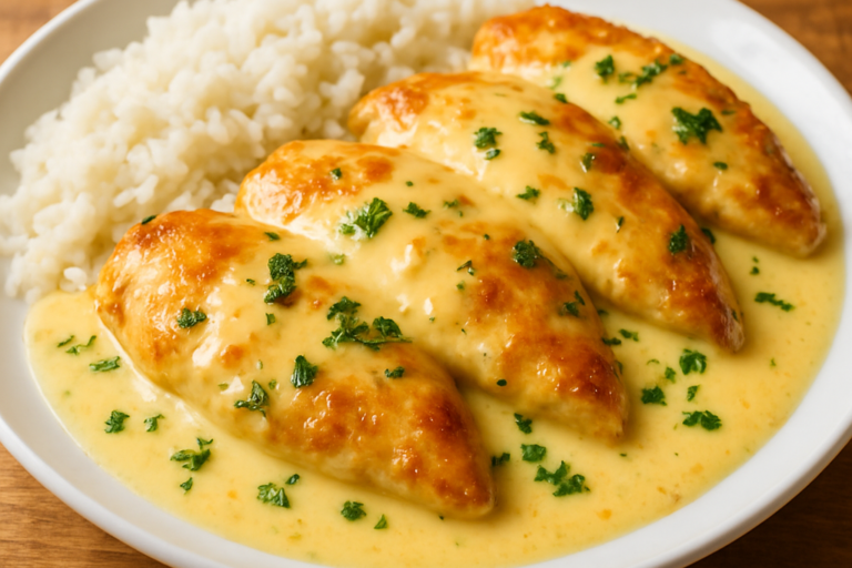 Frango com molho de iogurte especial cremoso em prato branco com salsinha picada