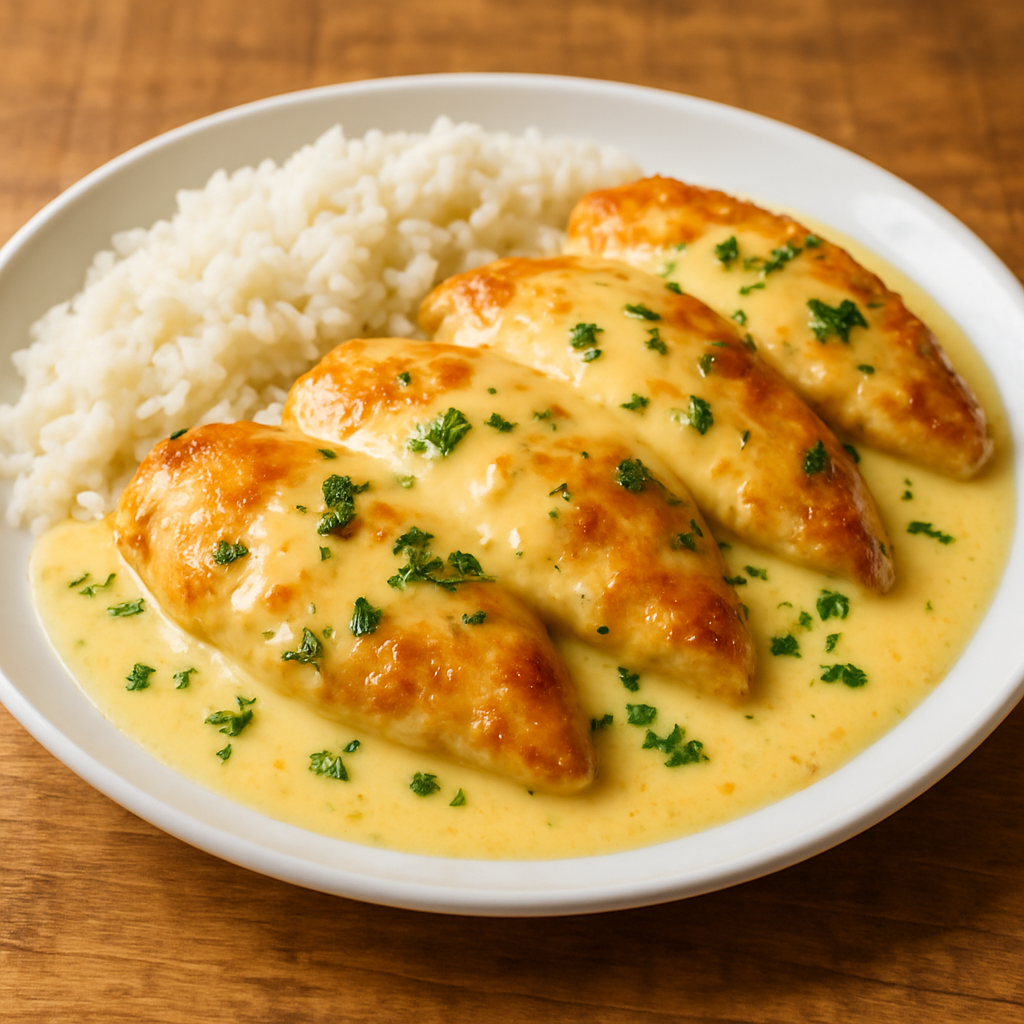 Frango com molho de iogurte especial cremoso em prato branco com salsinha picada
