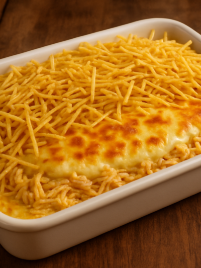 Frango com requeijão e milho cremoso gratinado com mussarela e batata palha em travessa branca