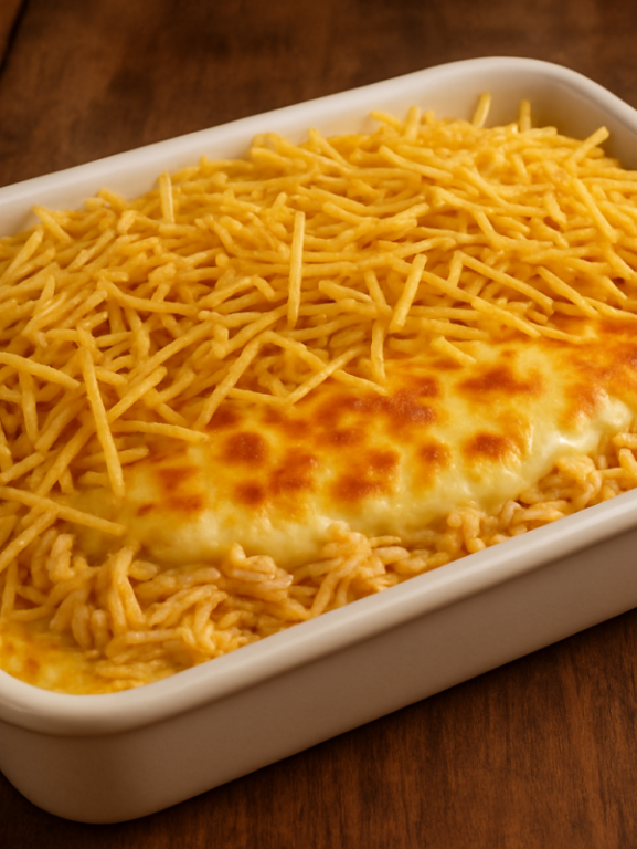 Frango com requeijão e milho cremoso gratinado com mussarela e batata palha em travessa branca
