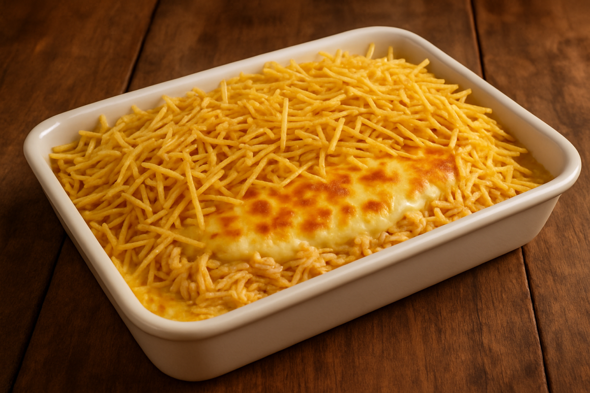 Frango com requeijão e milho cremoso gratinado com mussarela e batata palha em travessa branca