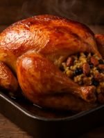 Frango Com Tudo Dentro assado dourado com recheio de farofa de linguiça e uvas passas