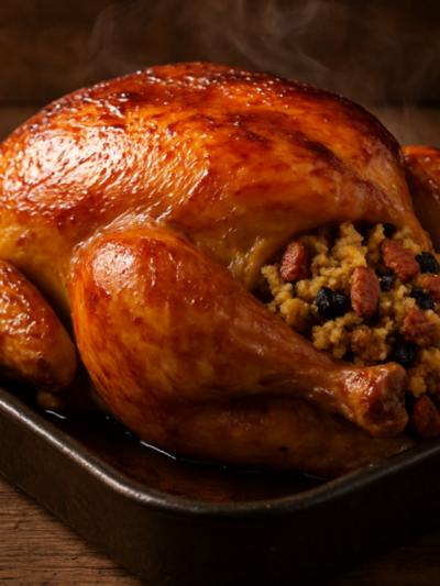 Frango Com Tudo Dentro assado dourado com recheio de farofa de linguiça e uvas passas