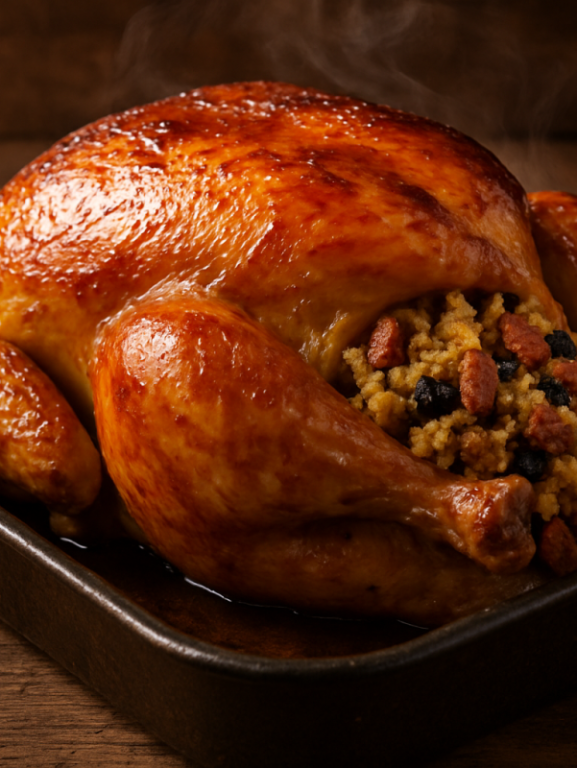 Frango Com Tudo Dentro assado dourado com recheio de farofa de linguiça e uvas passas