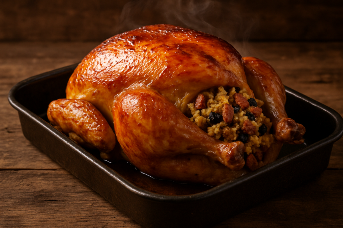 Frango Com Tudo Dentro assado dourado com recheio de farofa de linguiça e uvas passas