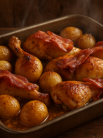 frango da tia edna assado com batata, cebola e bacon dourado em assadeira