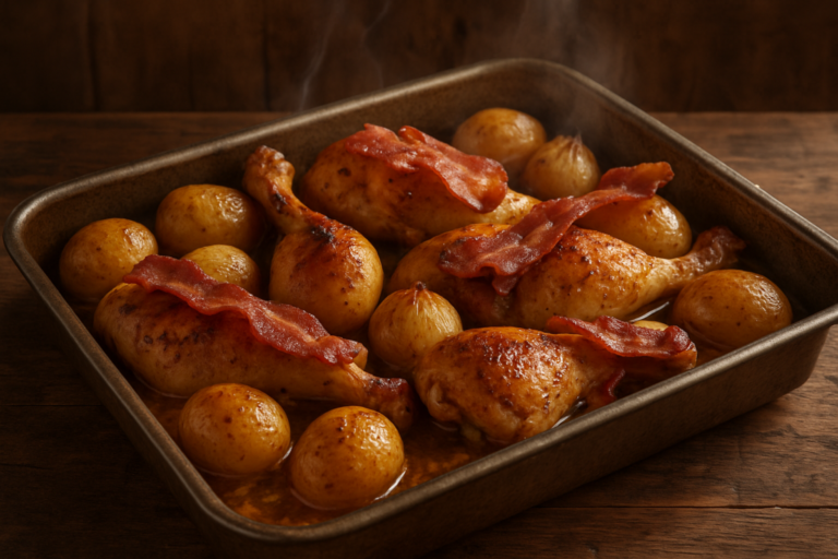 frango da tia edna assado com batata, cebola e bacon dourado em assadeira