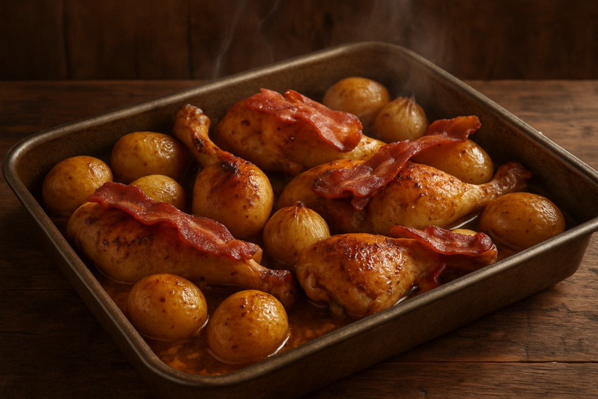 frango da tia edna assado com batata, cebola e bacon dourado em assadeira