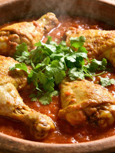 frango de panela de pressão suculento com molho de tomate e cheiro-verde em panela de barro