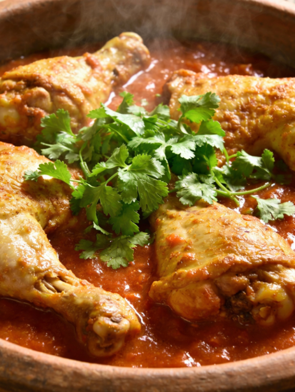 frango de panela de pressão suculento com molho de tomate e cheiro-verde em panela de barro