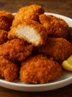 frango enpanadinho crocante e dourado em prato branco com casquinha de farinha de rosca