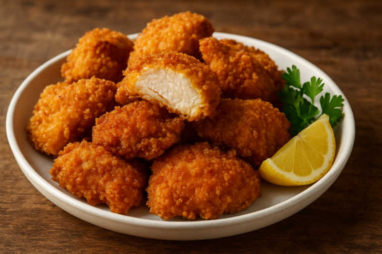 frango enpanadinho crocante e dourado em prato branco com casquinha de farinha de rosca