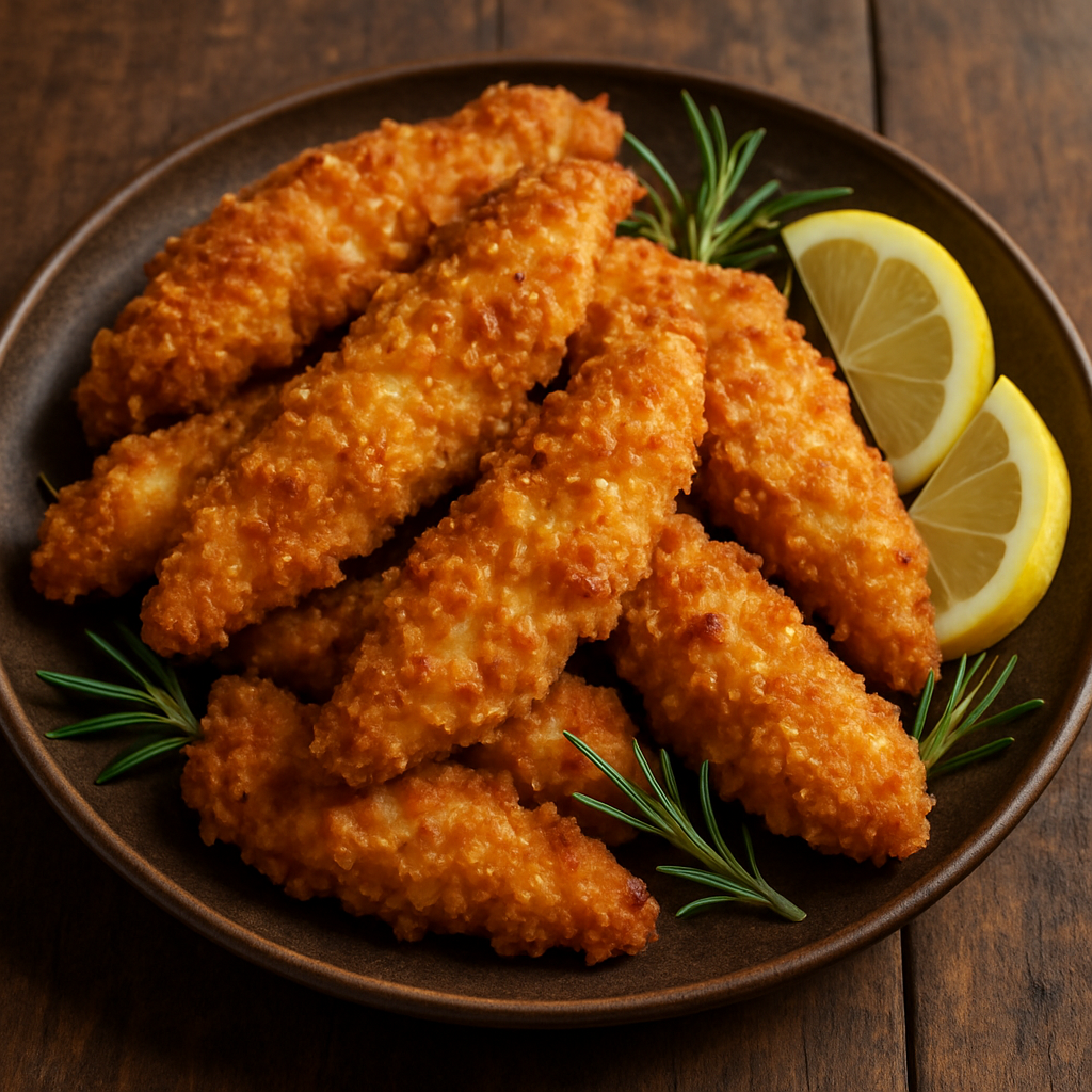 frango low carb na air fryer empanado com parmesão e farinha de amêndoas, crocante e dourado em prato de cerâmica