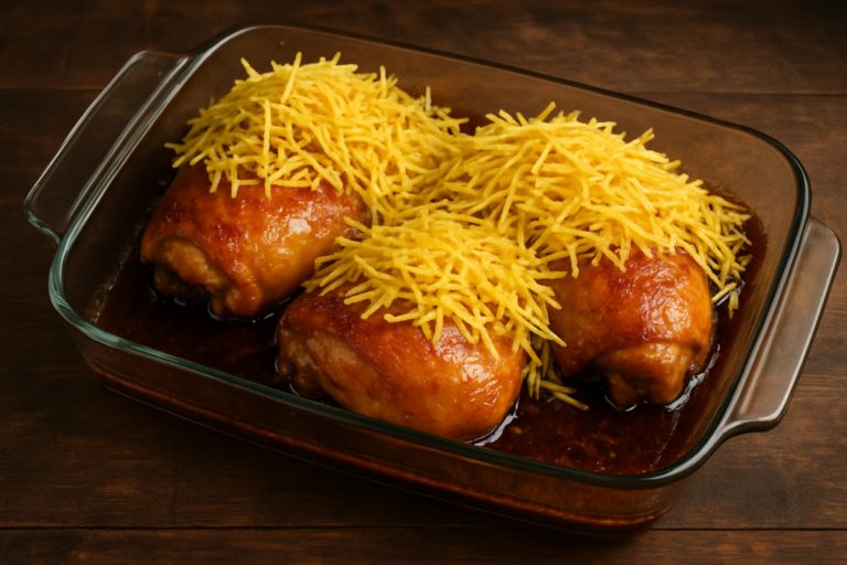 Frango malzbier assado com pele dourada e molho escuro em travessa de vidro, finalizado com batata palha crocante