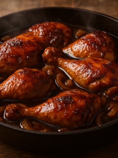 frango na cerveja preta com molho escuro e brilhante em panela de ferro fundida